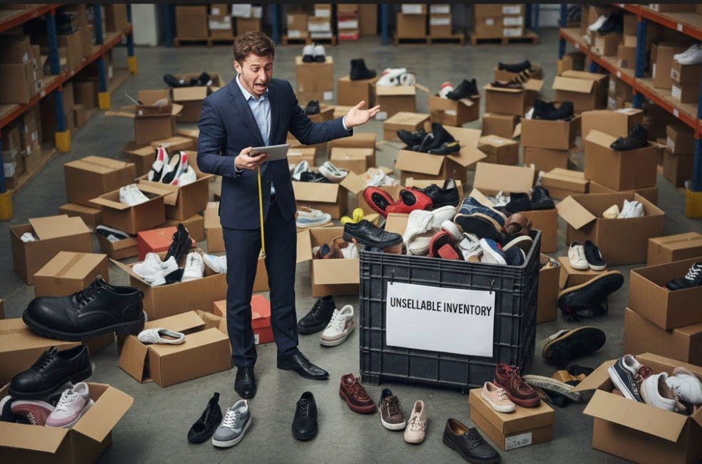 A collection of different shoes and a tape measure, symbolizing the complexity of shoe sizing.