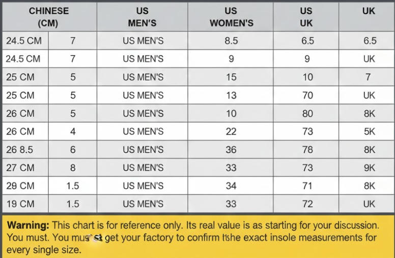 A sample shoe size conversion chart from Chinese to US sizes.