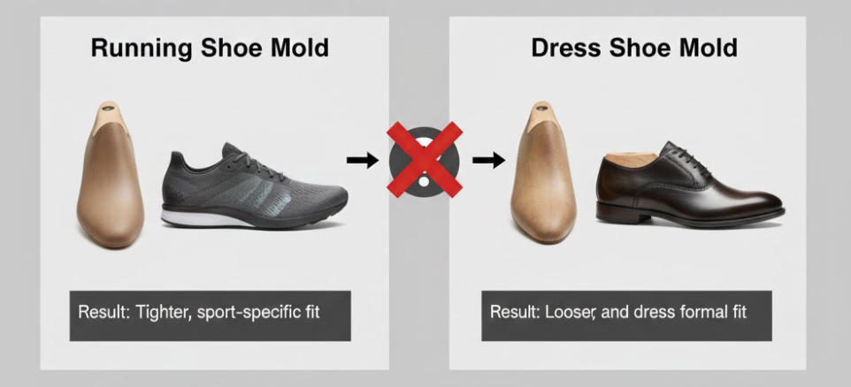 An image of several different shoe lasts (molds), showing their unique shapes.
