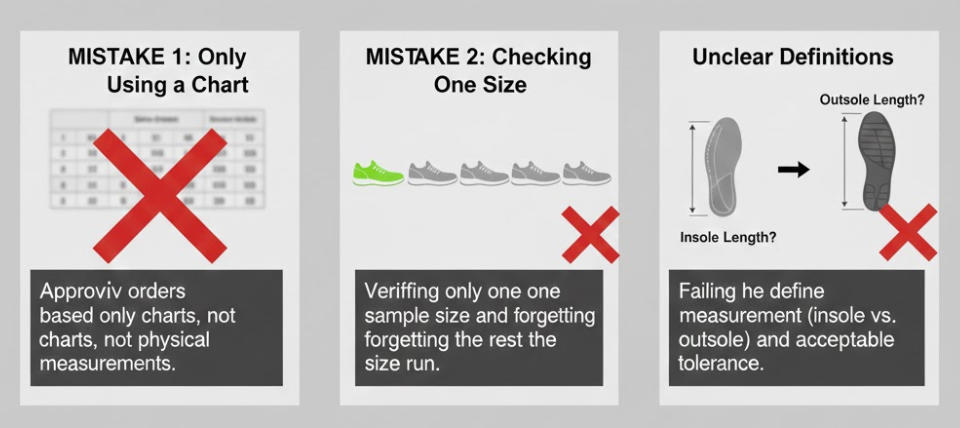 An inspector measuring a shoe with calipers, highlighting a sizing mistake.