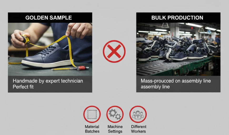 A split image showing a carefully crafted sample shoe on one side and a fast-moving production line on the other.