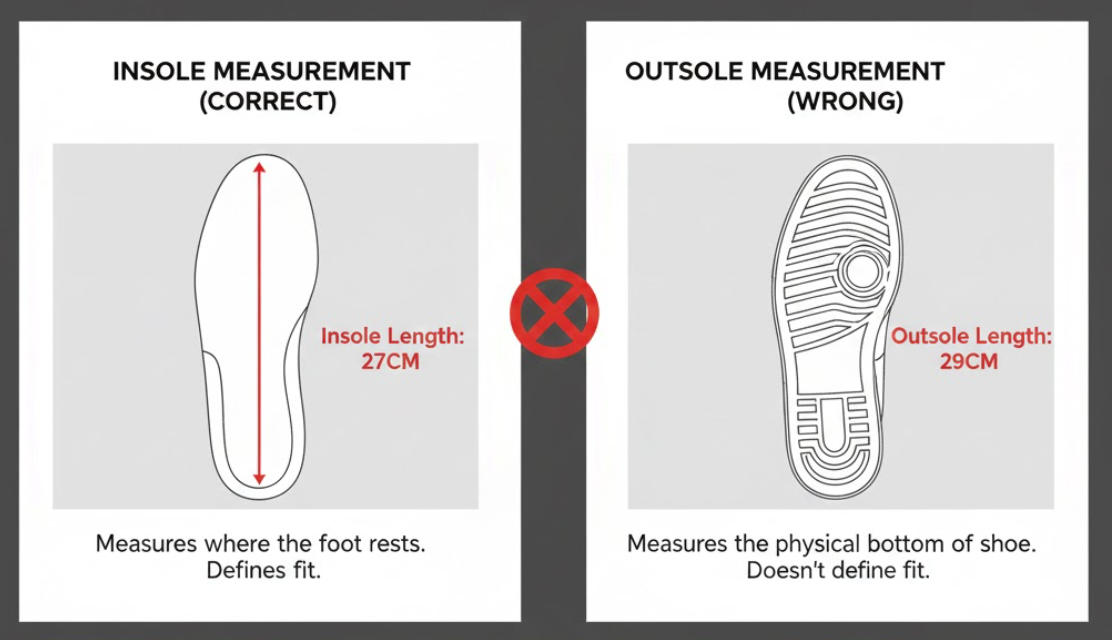 A diagram showing the difference between measuring a shoe's insole length versus its outsole length.