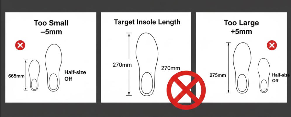 A caliper measuring a shoe with a plus-minus symbol (±) to represent size tolerance.