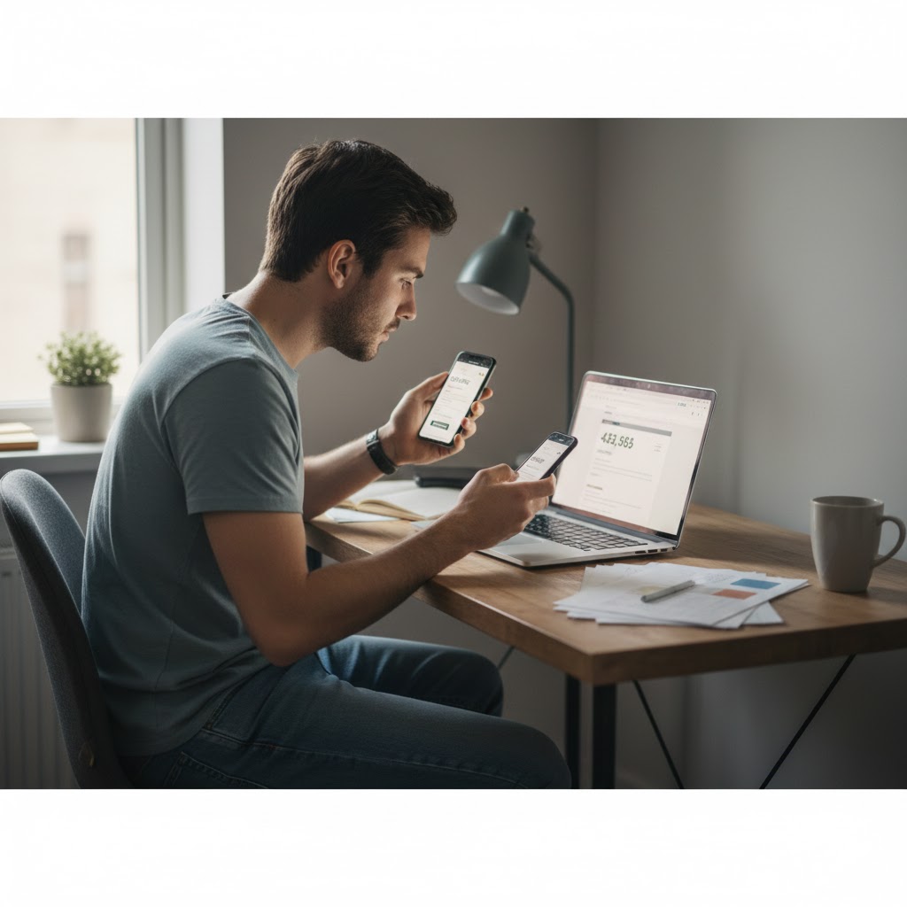 A small business owner looking concerned at a laptop