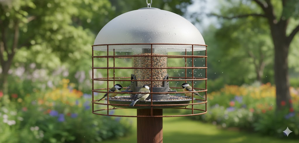 Exposed bird feeder in outdoor conditions